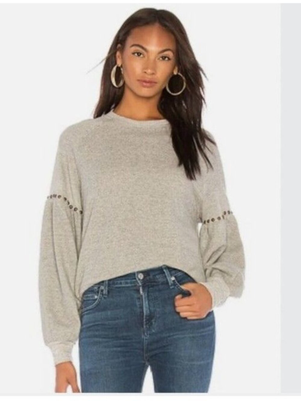 The GREAT. Bishop Sleeve Sweatshirt with Studs in Gray Size 2 Medium